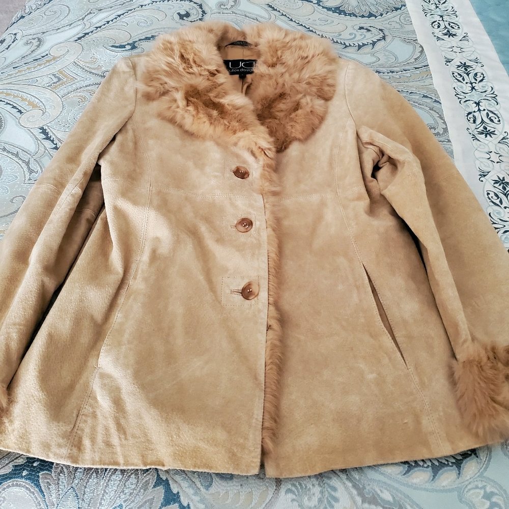 Suede Jacket with Rabbit Fur Trimmings